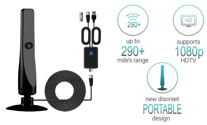 TV antenna with 290+ mile range, 1080p HDTV support and portable design